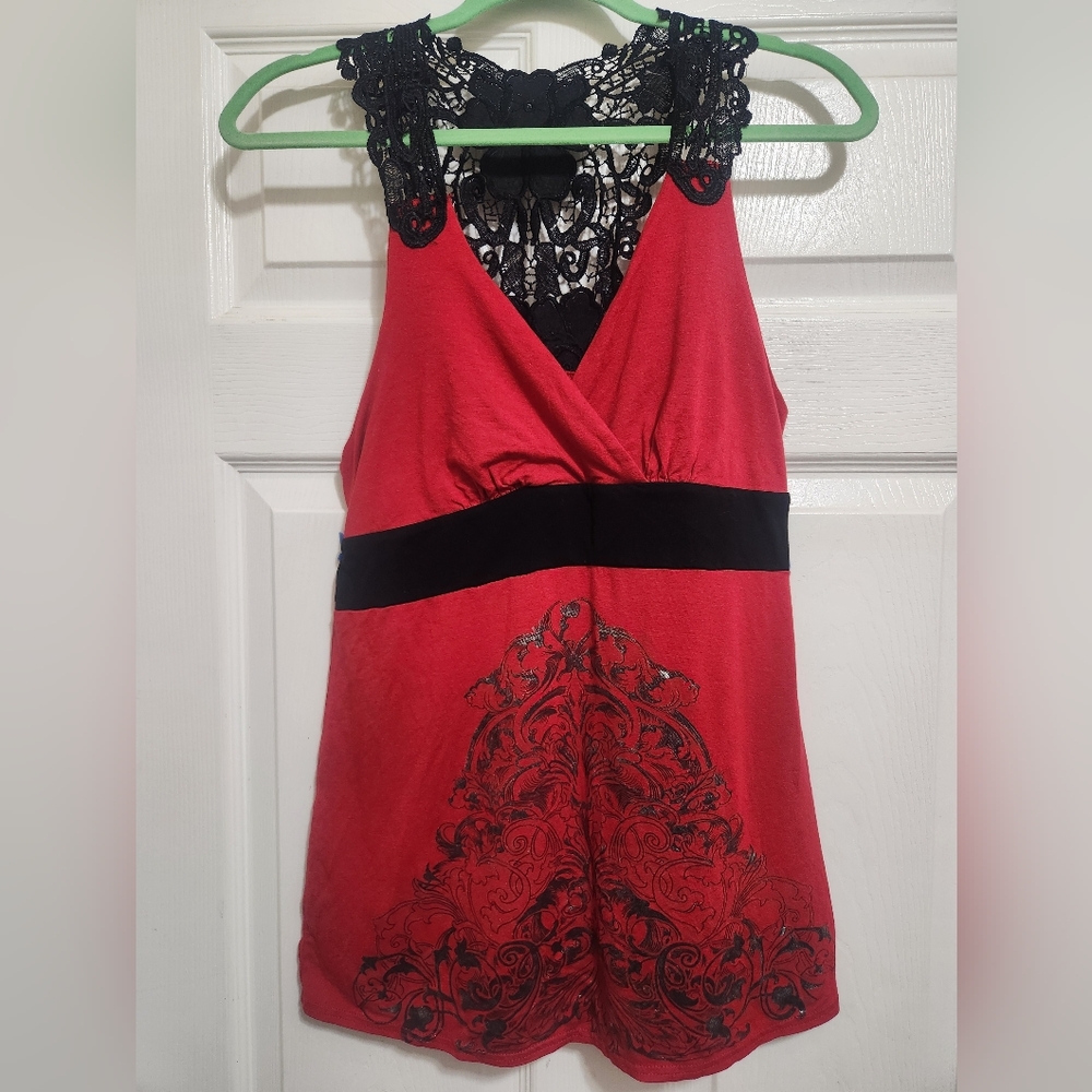 Red & Black Racerback Tank Top Crochet Lace Back & Straps Women Medium